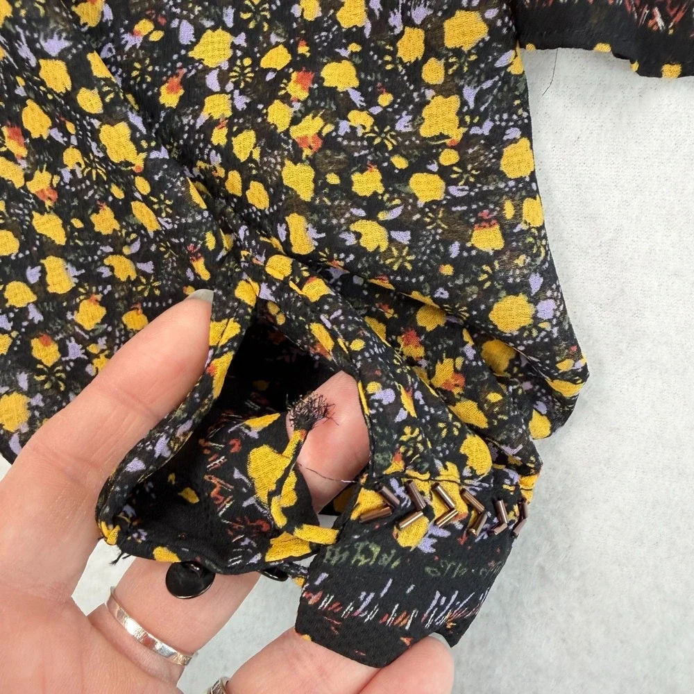 Free People Womens Sheer Floral Beaded Peplum Top Sz M Black Yellow Boho Cottage